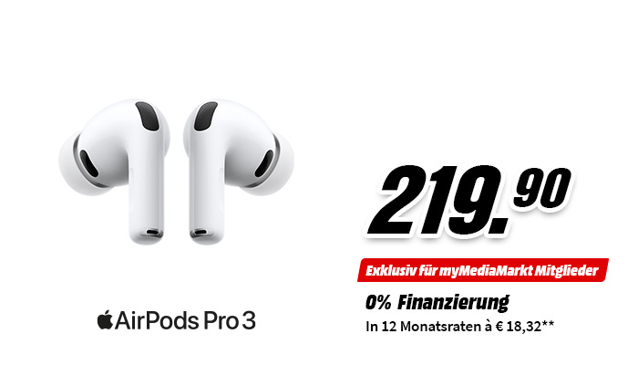 Apple AirPods Pro 3 für 219,90 Euro. Exklusiv für myMediaMarkt Mitglieder: 0% Finanzierung in 12 Monatsraten à 18,32 Euro.