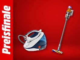 Bild mit rotem Hintergrund. Links steht: Preisfinale, daneben das Produktbild eines Stickstaubsaugers und einer Bügeldampfstation.