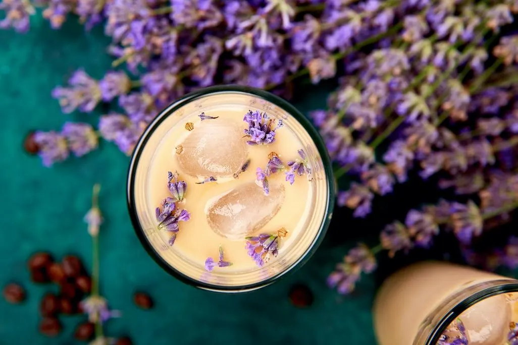 Ein Glas mit hellbraunem Getränk, zwei Eiswürfeln und lila Lavendelblüten obenauf.