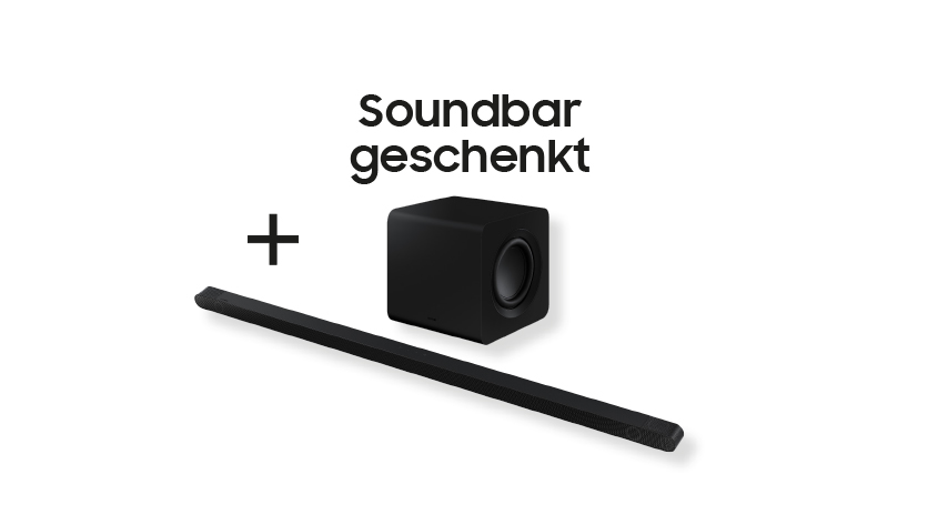 Soundbar und Subwoofer in Schwarz mit dem Text "Soundbar geschenkt" auf weißem Hintergrund.