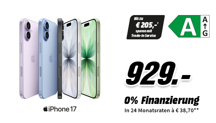 Apple iPhone 17 für 929,- € (EEK A). Bis zu 205,- €¹ sparen mit Trade-in. 0% Finanzierung: 24 Raten à 38,71 €**. (113 Zeichen)