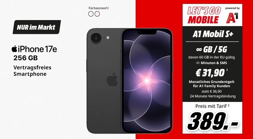 Apple iPhone 17e 256 GB mit A1 Mobil S+ Tarif, Preis 389 Euro