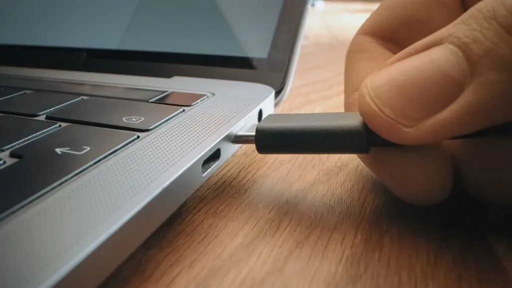 Eine Hand steckt ein schwarzes USB-Kabel in den Anschluss eines silbernen Laptops.
