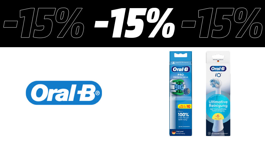 Weiß-schwarzes Bild. Oben im schwarzen Bereich steht der Text 15%, darunter das Produktbild eines Bürstenkopf-Sets und links daneben das Oral-B Logo