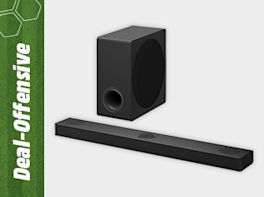 Produktbild einer schwarzen Soundbar mit kabellosem Subwoofer