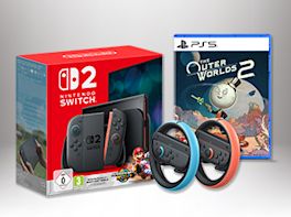 Produktbild eines Nintendo Switch Konsolen-Bundle, zwei Lenkaufsätzen für Joy-Cons und einem Produktbild vom PlayStation 5-Spiel "The Outer Worlds 2".