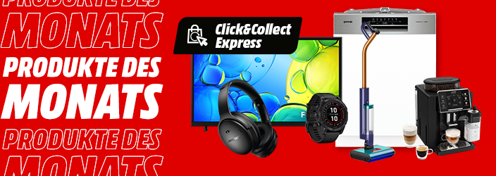 Roter Hintergrund-Produkte des Monats zu sehen: TV, Kopfhörer, Geschirrspüler, Kaffeevollautomat, Staubsauger und Watch. Einklinker mit : Click & Collect Express