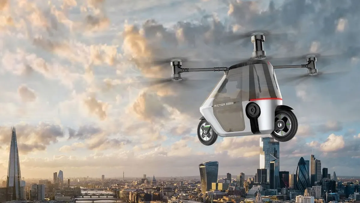 Flugtaxi mit Propellern fliegt ueber einer modernen Grossstadt