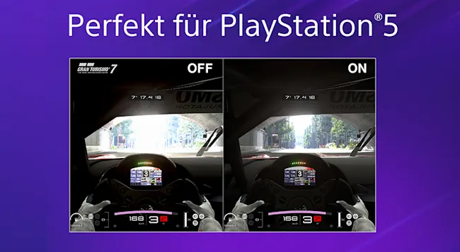 Vergleich von "Gran Turismo 7" mit "Off" und "On"-Einstellungen, Cockpitansicht, Anzeige von Geschwindigkeit und Gang. Violette Hintergrundfarbe.