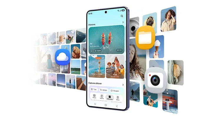 martphone, das zentral im Bild steht und eine Foto- und Cloud-Galerie-App anzeigt. Im Hintergrund sind zahlreiche Fotos in Kacheloptik angeordnet, die Menschen, Tiere und Landschaften zeigen. Zusätzlich sind farbige Icons für Cloud, Galerie und Kamera um das Smartphone herum angeordnet, um die Funktionen und Organisation von Fotos zu symbolisieren.