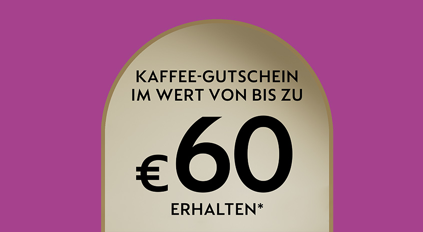 Kaffee-Gutschein im Wert von €40 in schwarzer Schrift auf beigem Hintergrund. Der Text "ERHALTEN*" steht unter dem Betrag.