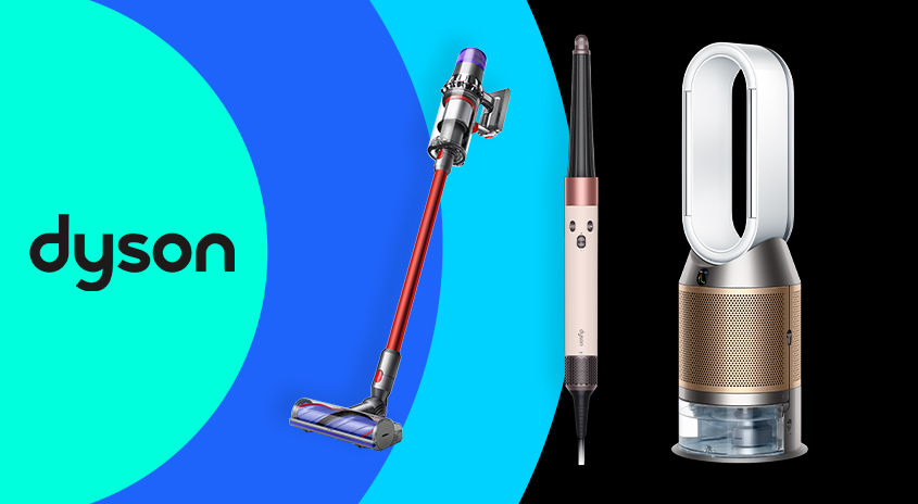 Dyson Staubsauger, Haarstyler und Luftreiniger vor blauem und schwarzem Hintergrund mit Dyson-Logo.