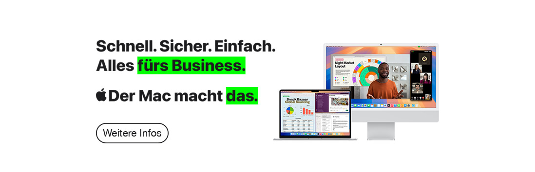  Apple iMac und MacBook mit Business-Software. Text: 'Schnell. Sicher. Einfach. Alles fürs Business.