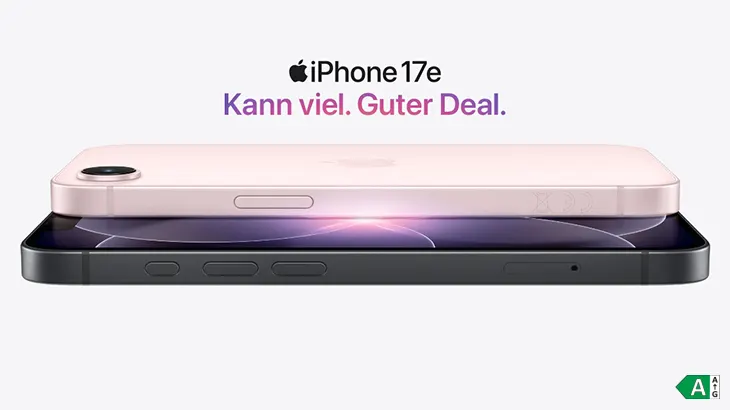 Bild des Apple iPhone 17e in Seitenansicht, übereinander liegend in Rosa und Schwarz, mit dem Slogan „Kann viel. Guter Deal.“ auf hellem Hintergrund.