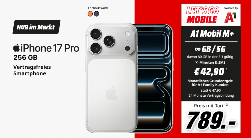 iPhone 17 Pro, 256 GB, verschiedene Farben, vertragsfrei im Markt, mit Let's Go Mobile powered by A1 Mobile M+ Tarif um  € 789,-