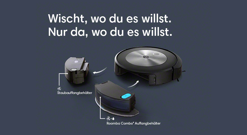 Auf blauem Grund sind ein schwarzer Saugroboter, ein Staub- und ein Wasserauffangbehälter mit Beschriftungen abgebildet.