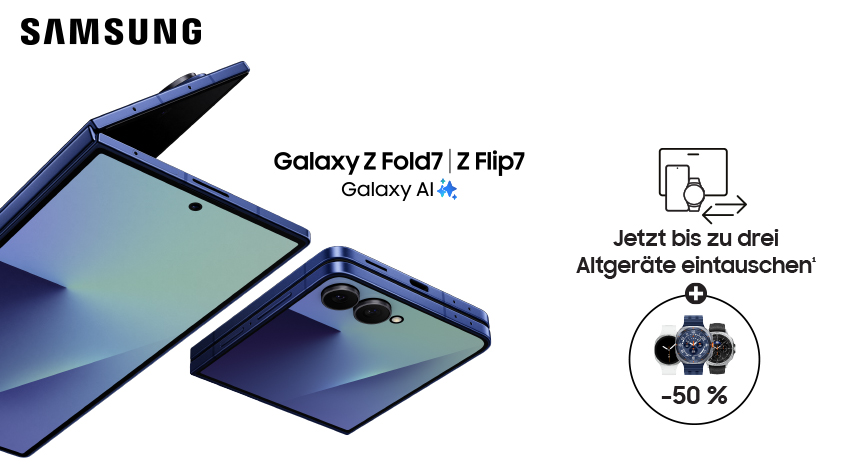 Samsung Galaxy Z Fold7 und Z Flip7. Jetzt bis zu drei Altgeräte eintauschen und -50% auf die Galaxy Watch8, Watch8 Classic oder Watch Ultra erhalten-.