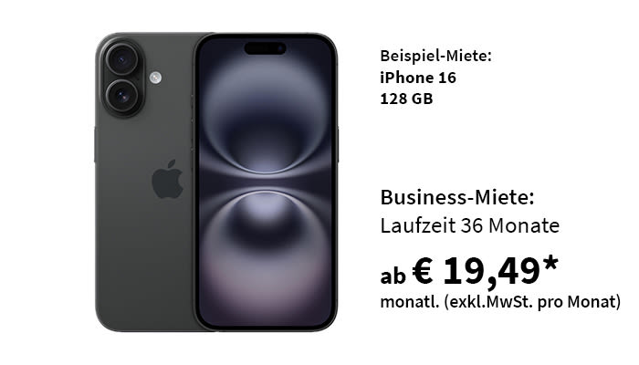 Beispiel-Miete: iPhone 16, 128 GB
Business-Miete: Laufzeit 36 Monate ab € 19,49* monatl. (exkl. MwSt. pro Monat)