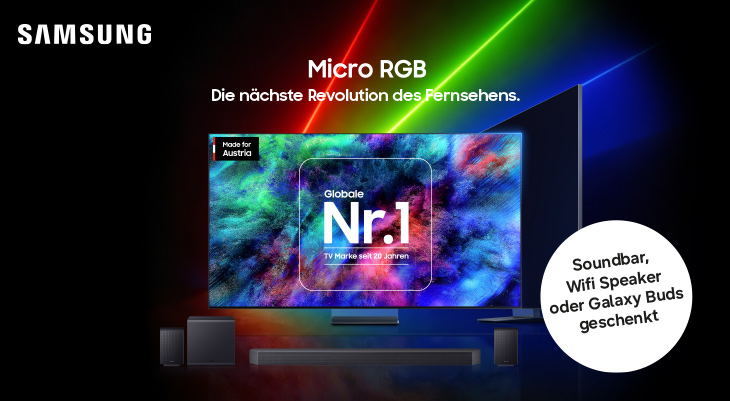 Samsung Micro RGB TV-Werbung zeigt Fernseher mit buntem Display und Lichteffekten. Text bewirbt "Die nächste Revolution des Fernsehens" und kostenloses Zubehör wie Soundbar oder Galaxy Buds.