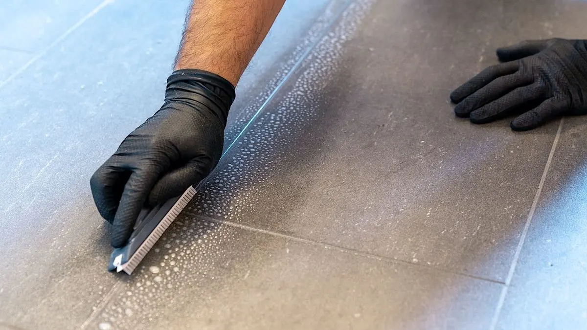 Hand in schwarzem Handschuh reinigt Fliesenfugen mit einer grauen Bürste.