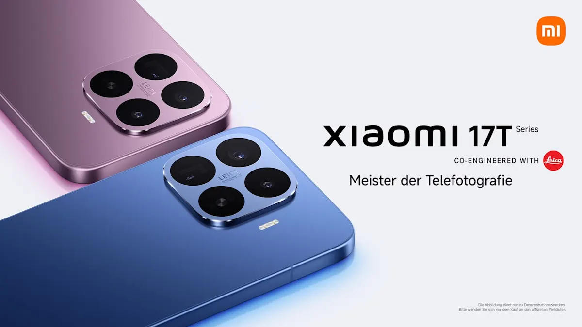 Zwei Xiaomi 17T-Smartphones in den Farben Violet und Deep Blue liegen auf hellem Untergrund. Im Bild ist Xiaomi 17T-Series, co-engineered with Leica und Meister der Telefotografie zu lesen.