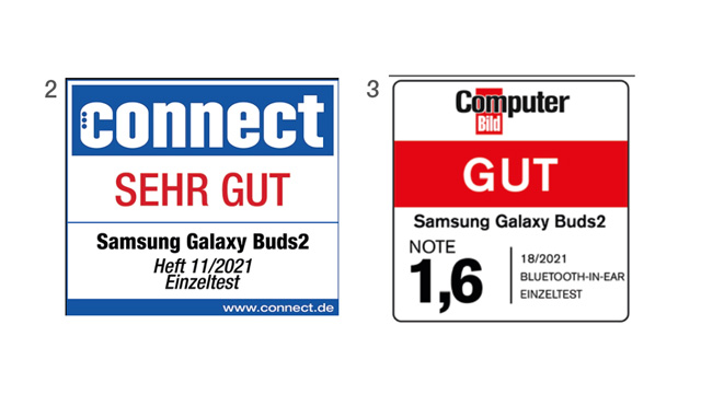 Zwei weiße Gütesiegel; eins mit blauem Rand, "connect SEHR GUT"; eins mit rotem Rand, "ComputerBild GUT Note 1,6".