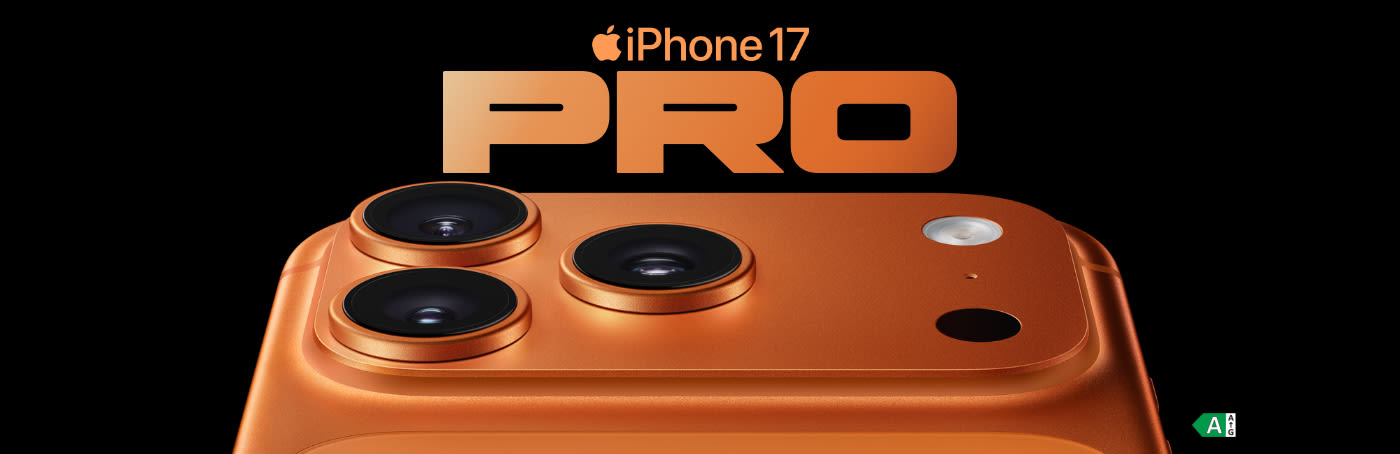 Ein iPhone 17 Pro vor einem dunklen Hintergrund mit dem Wort "PRO" in Orange darüber.