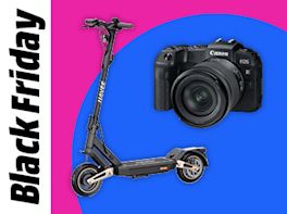 Ein E-Scooter und eine Kamera vor farbigem Kreis in Pink und Blau. Links im Bild steht: Black Friday.