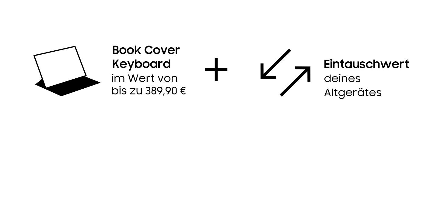 Schwarze Umrisse eines Tablets mit Tastatur, Pluszeichen, Pfeile und Text für Inzahlungnahme.