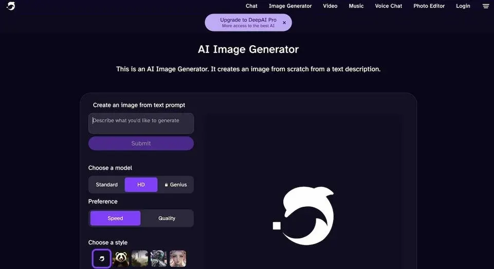 Screenshot einer dunkel gehaltenen Webseite mit dem Titel „AI Image Generator“. Links befindet sich ein Panel mit Eingabefeld „Describe what you’d like to generate“, einem lila „Submit“-Button, Auswahl für Modelle (Standard, HD, Genius), Präferenz (Speed, Quality) und Stil-Buttons mit kleinen Vorschaubildern. Rechts ist eine große Vorschaufläche mit einem rotierenden Lade‑Symbol. Oben eine Leiste mit Navigation (Chat, Image Generator, Video, Music, Voice Chat, Photo Editor, Login) und ein Banner „Upgrade to DeepAI Pro“.