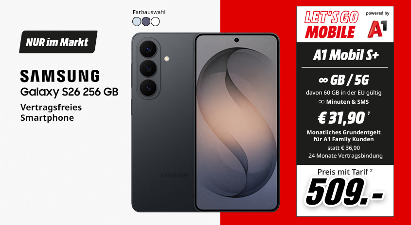 Samsung Galaxy S26 256 GB, vertragsfreies Smartphone, jetzt mit Let's Go Mobile powered by A1 Mobil S+ Tarif um 509,-