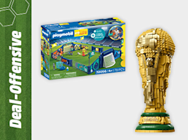 Produktbild von einem Playmobil-Spielset und einer goldfarbene Pokalfigur aus Klemmbausteinen
