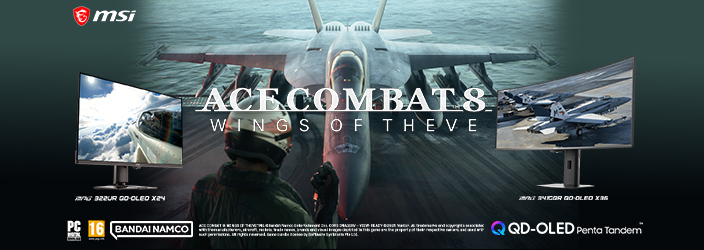 das Spiel ‚Ace Combat 8: Wings of Theve‘, im Hintergrund ein Kampfjet über dem Meer. Im Vordergrund sind zwei MSI QD-OLED-Monitore (links das Modell MPG 322UR, rechts das Modell MPG 341CQR) zu sehen, eingerahmt von Logos für PC, PEGI 16, Bandai Namco und QD-OLED.