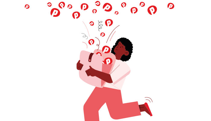 Eine Person trägt einen hellrosa Sack mit roten P-Symbolen, während rote P-Symbole von oben fallen. Person in Koralle.