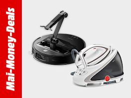 Saugroboter mit Wischfunktion und Dampfbügelstation, schwarz und weiß