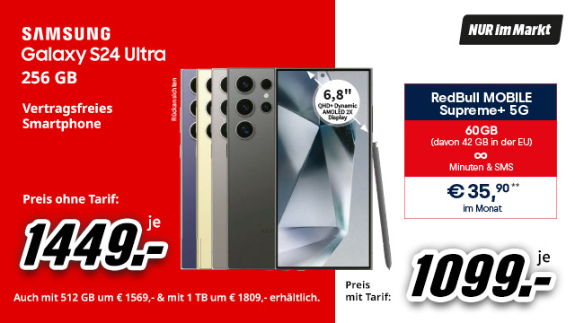 Werbung für Samsung Galaxy S24 Ultra und RedBull Mobile. Angebot mit Smartphone, Tarif und Preisangaben.