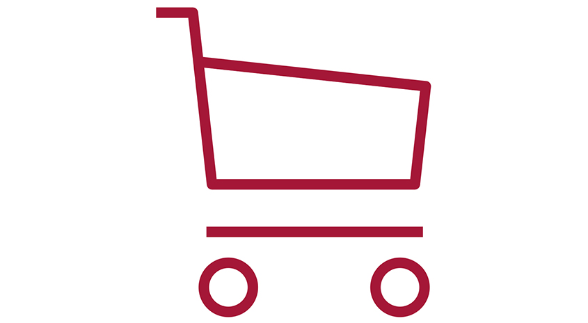 Roter Einkaufswagen-Umriss auf weißem Hintergrund. Griff, Korb, horizontale Stange und zwei Räder sind sichtbar.