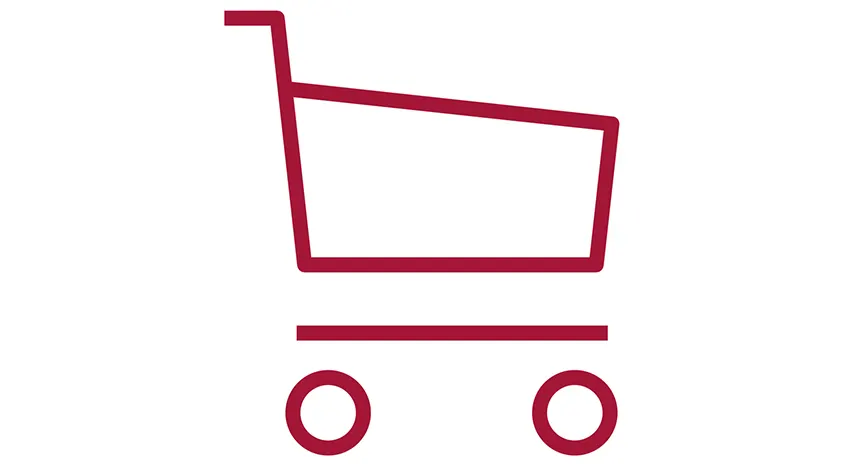 Roter Einkaufswagen-Umriss auf weißem Hintergrund. Griff, Korb, horizontale Stange und zwei Räder sind sichtbar.