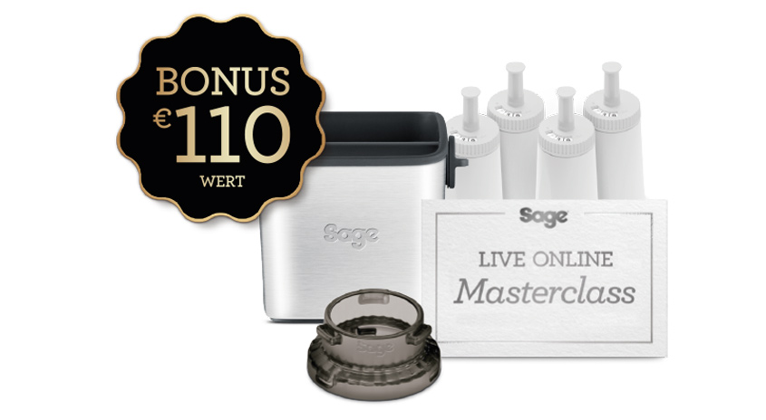 Bonus-Etikett, Küchengerät, Wasserfilter und eine Karte mit "Live Online Masterclass" auf weißem Hintergrund.