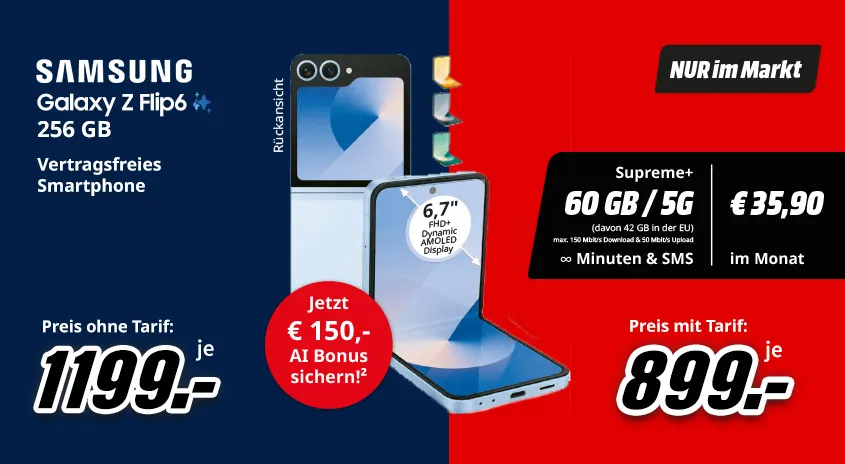 Werbung für Samsung Galaxy Z Flip6, 256 GB, mit Tarif und ohne, in Rot- und Blautönen.