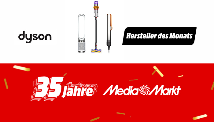 Die Anzeige zeigt Dyson-Staubsauger, den Schriftzug "Hersteller des Monats" und "35 Jahre MediaMarkt" auf rotem Grund.