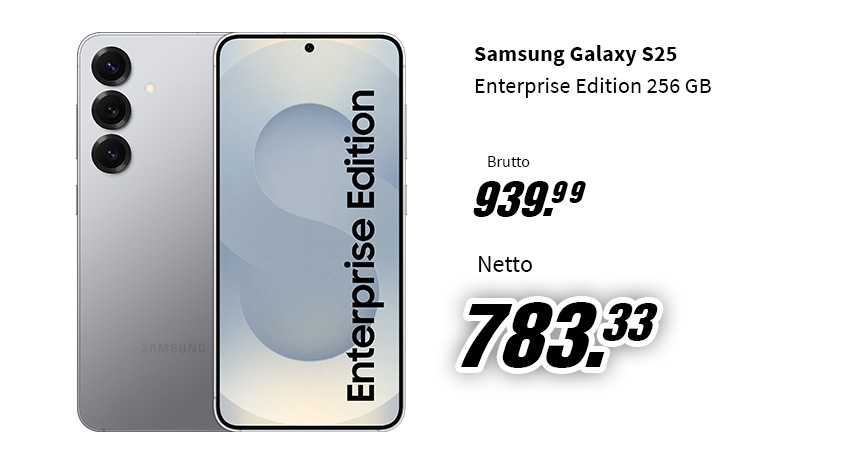 Silbernes Samsung Galaxy S25 mit drei Kameralinsen; Bildschirm zeigt hellgraues Muster. Preisangaben in Schwarz daneben.