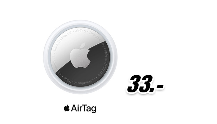 Ein Apple AirTag mit einem Preis von 33.- auf einem weißen Hintergrund.
