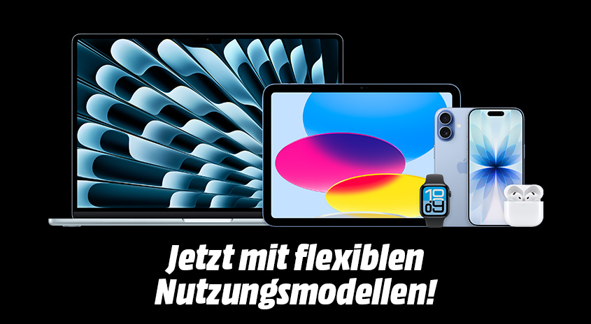 Werbebanner mit dem Text 'Apple Business Weeks - Jetzt mit flexiblen Nutzungsmodellen! neben einer Auswahl an Apple-Produkten (MacBook, iPad, iPhone, Apple Watch und AirPods).