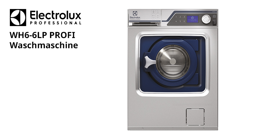 Produktbild einer silbernen Electrolux Professional WH6-6LP PROFI Waschmaschine mit blauer Fronttür und digitalem Display, daneben das Herstellerlogo.