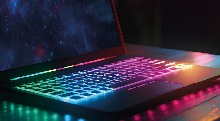 Ein geöffneter Laptop mit farbig beleuchteter Tastatur und Bildschirm, der ein Weltraummotiv zeigt, steht auf einem Tisch.