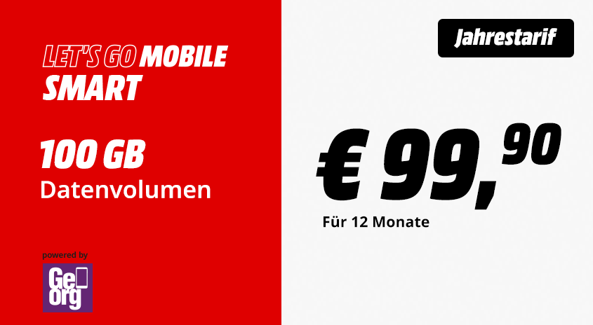 Mobilfunktarif „LET’S GO MOBILE SMART Jahrestarif“ mit 100 GB Datenvolumen für 99,90 Euro pro Monat, powered by Georg.