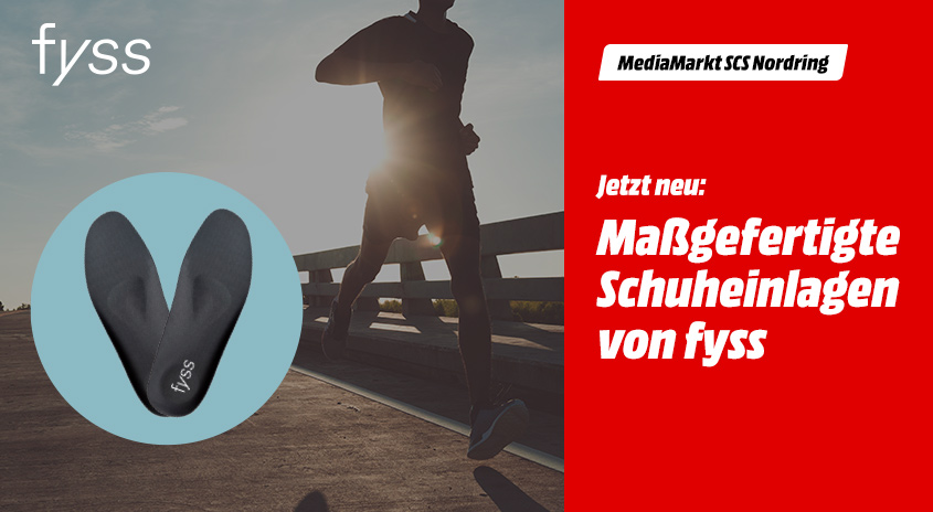 Ein Werbebild zeigt einen Läufer im Gegenlicht und eine blaue Kreisanzeige mit schwarzen Schuheinlagen der Marke fyss. Rechts ist roter Text.