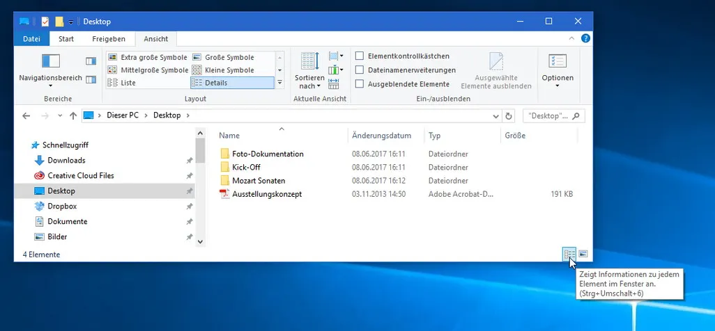 Screenshot eines Windows-Explorer-Fensters mit Anzeigeoptionen