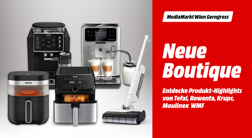 Werbebild für MediaMarkt Gerngross mit Rowenta-Produkten: Haartrockner, Glätteisen, Warmluftbürste und Akkustaubsauger, Hinweis auf Rowenta Beratung im Markt.